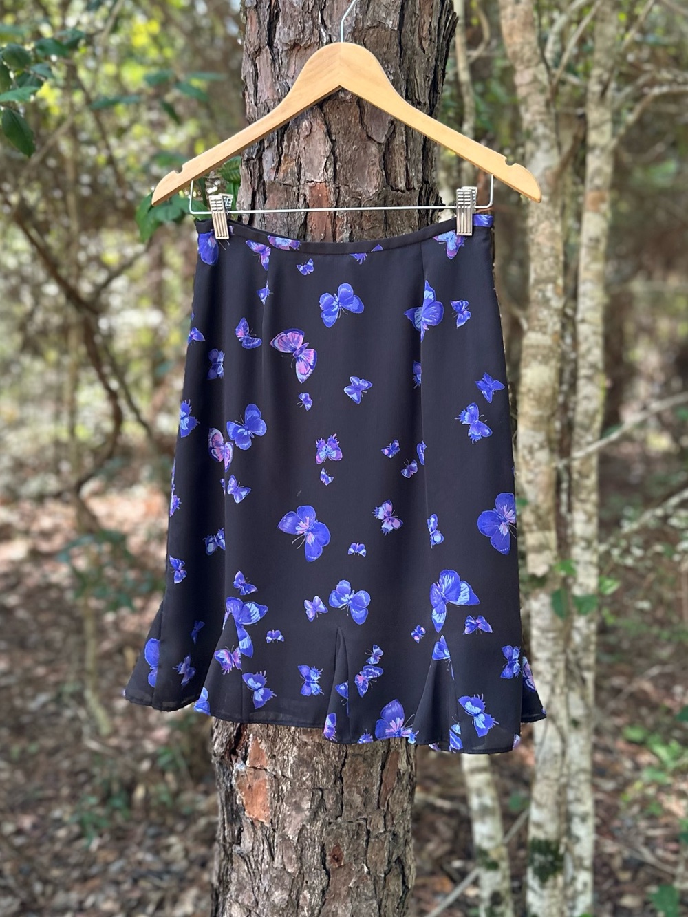 Vintage 90s Y2K Black Floral Midi Skirt with Purple Butterfly Print Size 4 small
